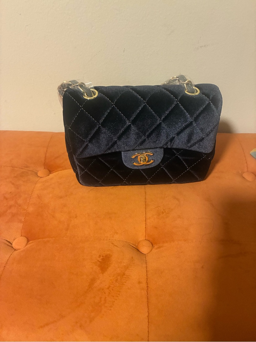 Quilted Velvet Shoulder Bag with Gold Chain - dark-gray